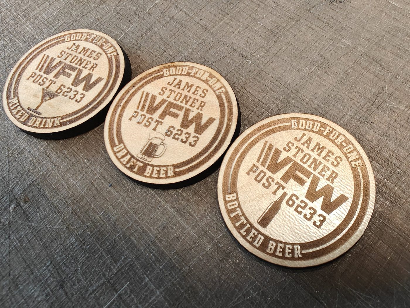 Engraved wood drink tokens — Good-for-one drink tokens