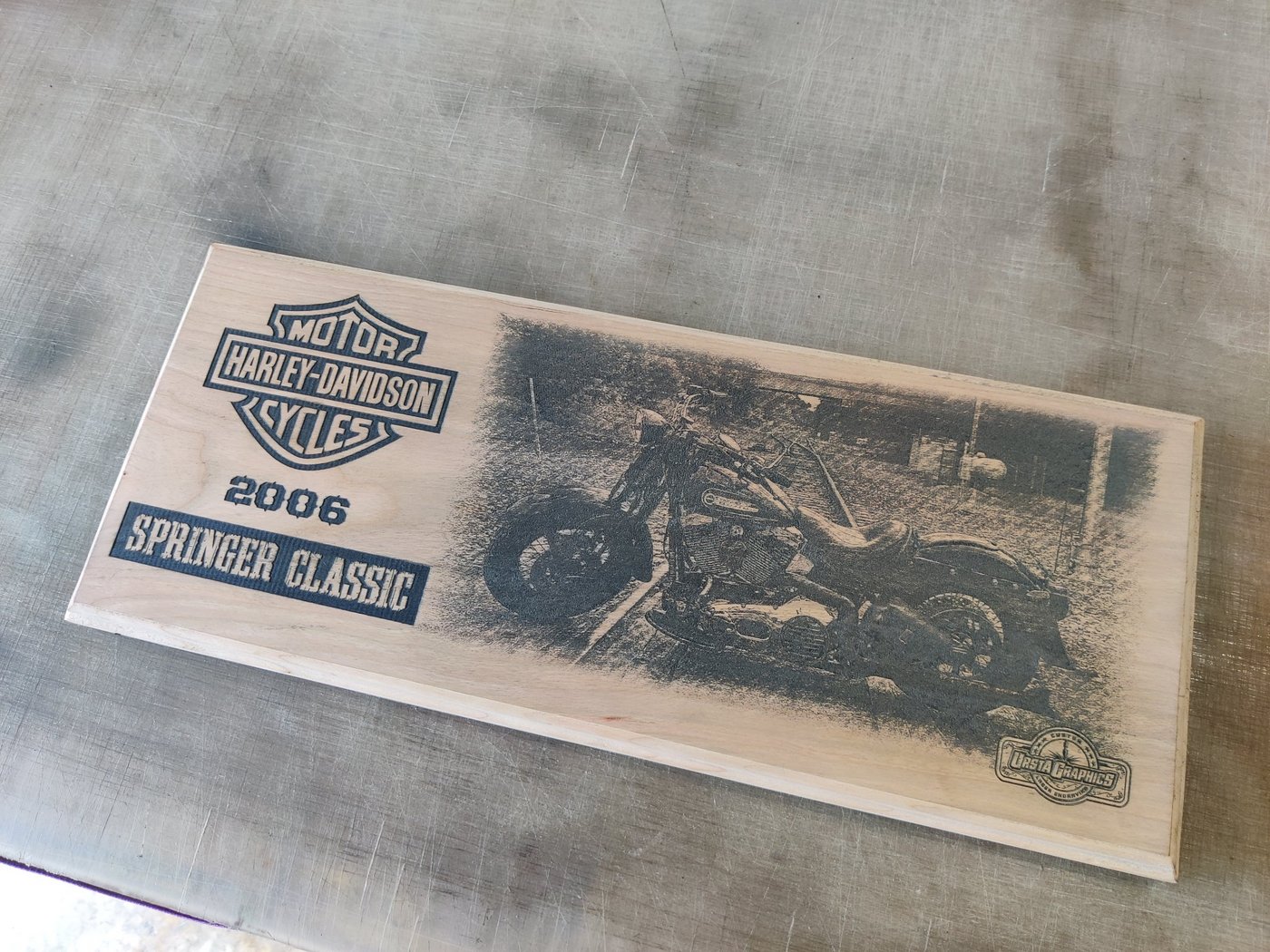 Engraved motorcycle plaque — Bike photo burned into wood