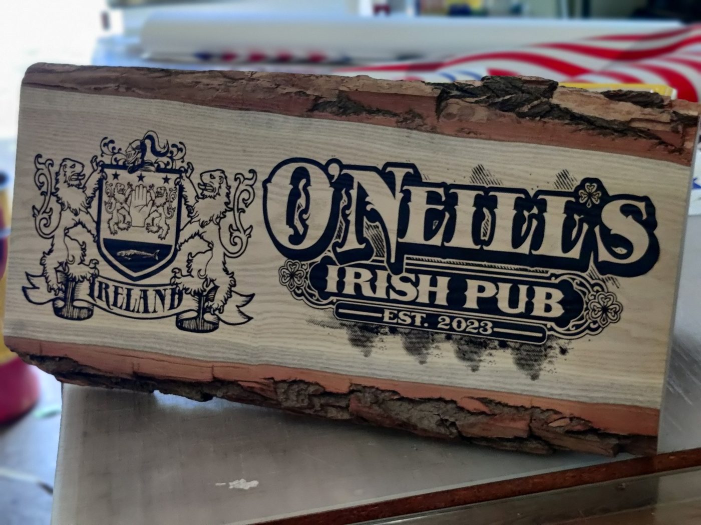 Engraved live-edge pub sign — Crest & pub name on live-edge wood