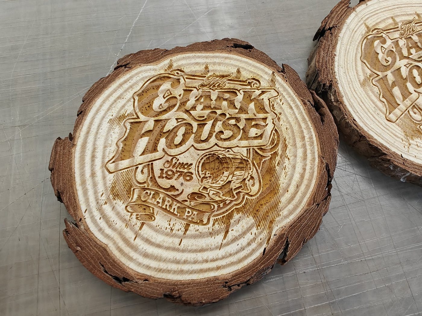 Engraved wood coasters — Logo burned into wood slices
