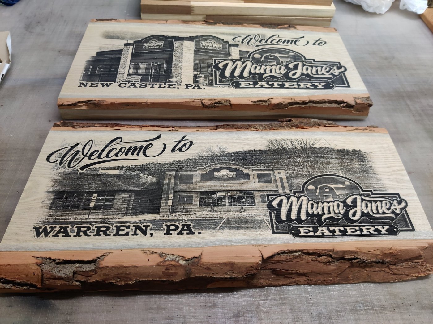 Live-edge restaurant signs — Storefront photos on live-edge slabs