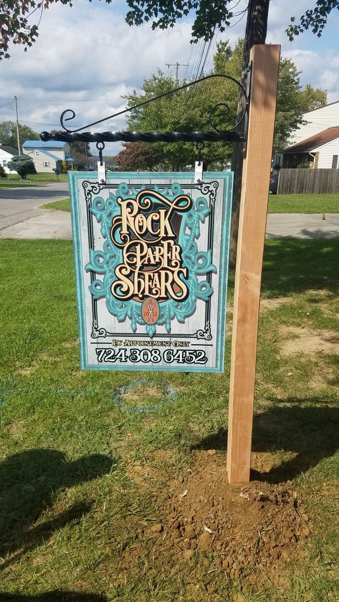 Hanging storefront sign — Salon sign — installed