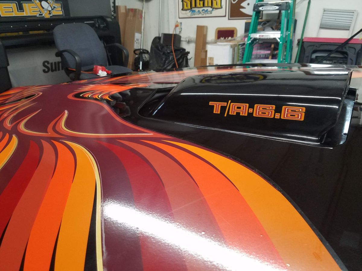 Custom hood graphics — T/A 6.6 hood scoop lettering